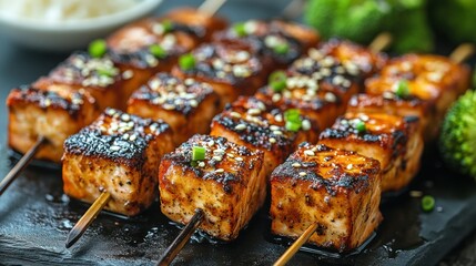 Grilled tofu skewers, glazed and seasoned