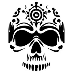Skull adorned with intricate tribal designs, featuring silhouettes that enhance its artistic and cultural significance.