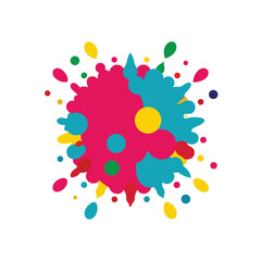 Abstract colorful paint splatter in vector style, vibrant droplets of red, cyan, yellow, and magenta scattered dynamically over a clean white background