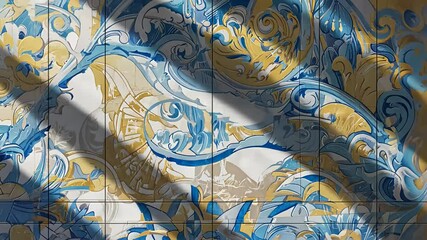 Intricate blue and gold tile design with abstract patterns and shadows creating texture. - Powered by Adobe