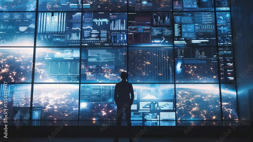 Poster a person stands in front of a large screen, likely for presentation or viewing
