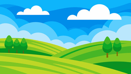 Fototapeta premium Stylized green rolling hills with trees under a bright blue sky and clouds