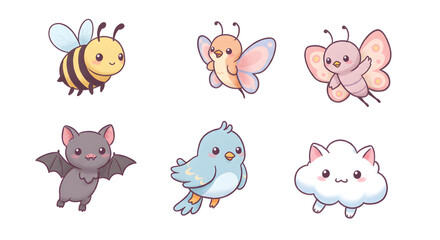 Obraz premium Adorable cartoon animals: bee, butterflies, bat, bird, and cloud cat.