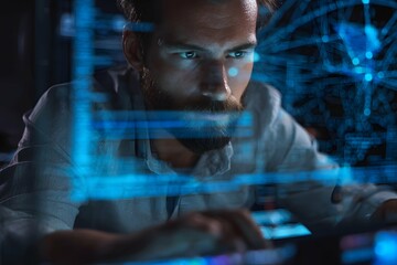 A determined cybersecurity expert fiercely fights invisible digital threats with cutting-edge technology.