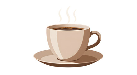Illustration of a steaming cup of coffee on a saucer, isolated on white.