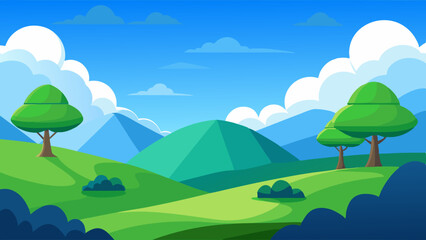 Fototapeta premium Stylized cartoon landscape with rolling green hills and blue mountains under a bright sky