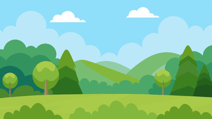 Vibrant cartoon landscape with rolling green hills trees and fluffy clouds