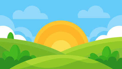Stylized cartoon landscape with rolling green hills under a bright sun and blue sky