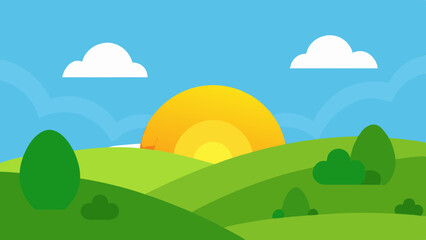 Fototapeta premium Bright sunny day over rolling green hills and blue sky