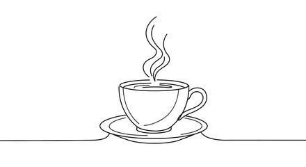 A single-line drawing of a steaming cup of coffee on a saucer.