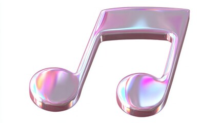 Holographic music notes rotating slowly, iridescent colors shifting and reflecting cut out isolated against pristine white background, dynamic visual rhythm for musical representation.