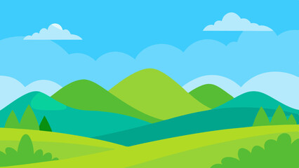 Stylized green rolling hills and mountains under a blue sky with clouds