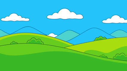 Fototapeta premium Vibrant cartoon landscape with rolling green hills and blue mountains under a clear sky