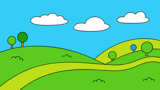 Cartoon landscape with rolling green hills trees clouds and a winding path