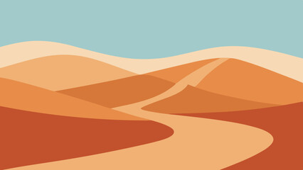 Stylized desert landscape with winding path and layered sand dunes under a clear sky