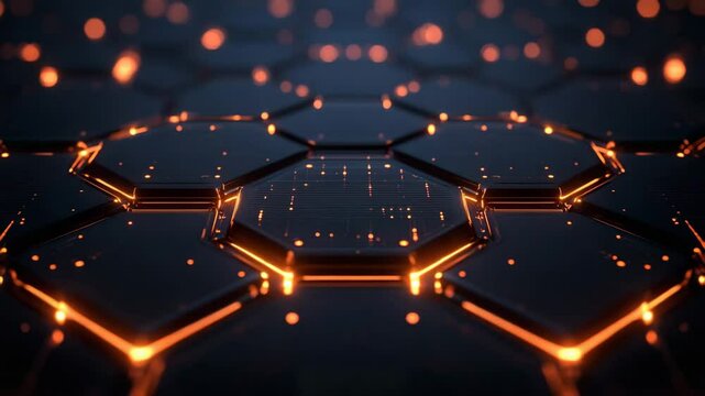 Futuristic Hexagon Grid with Glowing Orange Lines and Bokeh Abstract Technology Background High Tech Concept