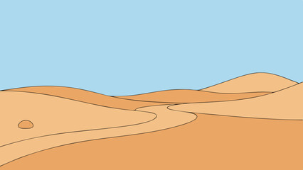 Stylized desert landscape with rolling sand dunes and a winding path under a clear blue sky