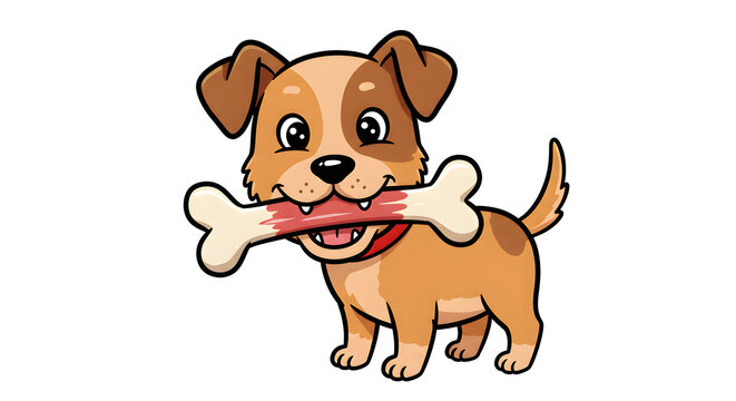 Cartoon dog holding a bone in its mouth, wearing a red collar, on a white background.