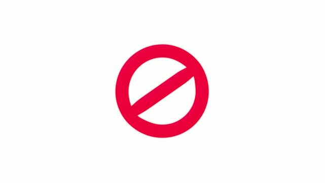 Warning, stop or no entry forbidden red circle and line symbol icon animation on a black background. No Sign Icon. Red Crossed Circle Vector Design.