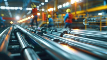 Oil and gas industry workers working on steel pipes in a production line, with a blurred background, in a 3D rendering illustration with copy space concept.