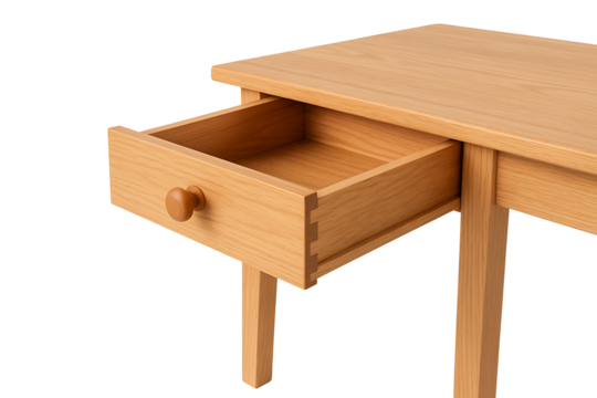 Wooden table with open drawer isolated on transparent background