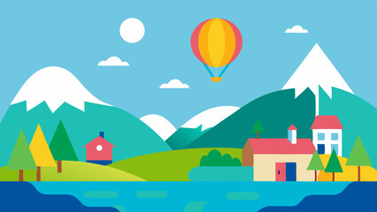 Naklejka premium Colorful flat illustration of a hot air balloon floating over a serene landscape with mountains and a lake