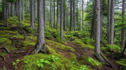 Lush forest floor covered in vibrant moss and towering trees.