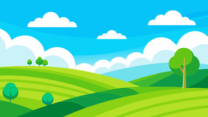 Fototapeta premium Stylized green rolling hills with trees and fluffy white clouds under a bright blue sky
