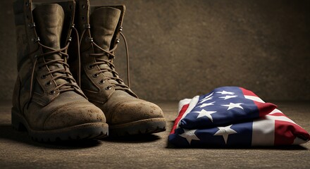 Worn Boots and Folded Flag Represents Service and Remembrance