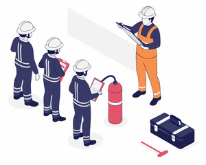 Factory workers participating in fire safety training in an isometric view.