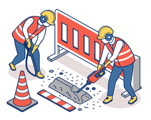 Obraz premium Isometric illustration of construction workers repairing a broken concrete road using a jackhammer and tools, surrounded by safety cones and barriers in a clearly marked work zone.