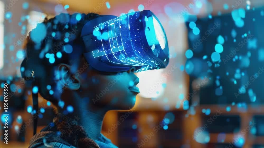 Poster woman using virtual reality headset with controllers