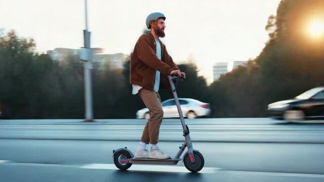 Stylish man wear helmet riding electric scooter in urban landscape. Colorful hipster outfit. Freedom city mobility. Modern lifestyle. Cool person ride down town street. Fast speed ride, movement.