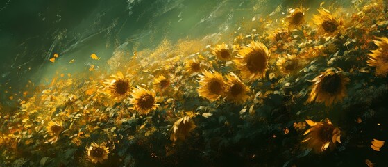 Obraz premium Field of yellow flowers with green foliage in a blurred outdoor setting.