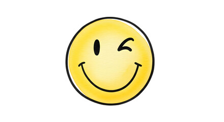 Fototapeta premium A simple yellow smiley face winking with a happy expression, isolated on white.