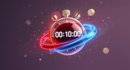 Vibrant floating digital stopwatch with intersecting neon rings and countdown timer