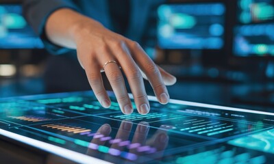 Woman hand interacting with futuristic transparent touchscreen displaying data