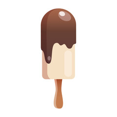Ice cream bar with chocolate coating. Chocolate ice cream on a stick, isolated on white background, vector illustration