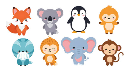 Adorable cartoon animals, including a fox, koala, penguin, monkey, and more, displayed in a cheerful collection.