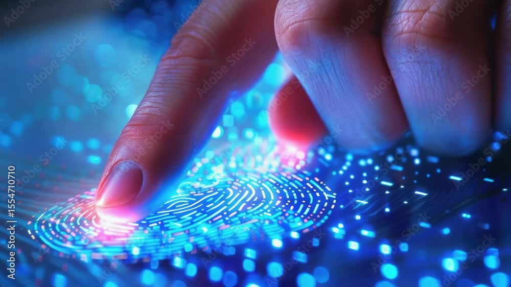 Poster a close-up of a finger touching a fingerprint on a computer screen, with a bright blue background