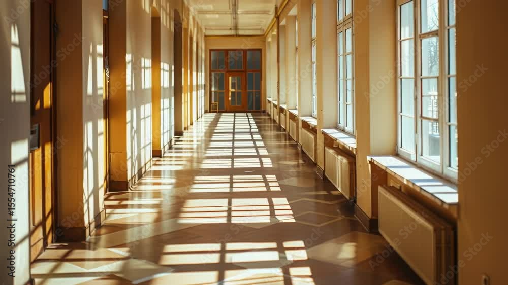 Poster a long hallway with many windows that provide natural light and views
