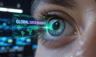 Close up of a female eye with a holographic display showing global data insights and a world map