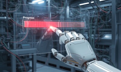 Advanced robotic hand interacting with a holographic progress bar in a modern tech facility