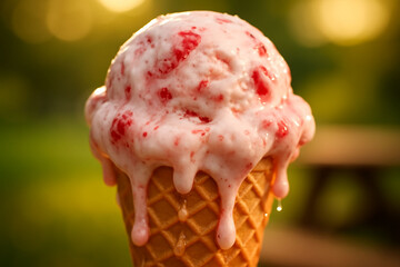  Close-up of a scoop of ice cream slowly melting in warm ambient light