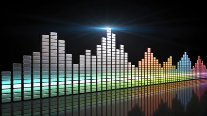 Obraz premium Dynamic colorful sound equalizer bars with reflection on dark background for audio visualization