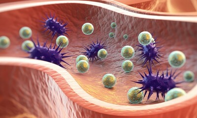 Microscopic view of viruses and immune cells interacting within a human blood vessel