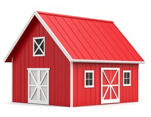3D icon of a red barn with classic roof and white trim details, stylized but realistic, isolated