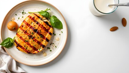 Grilled chicken delight gourmet kitchen food photography minimalist setting top-down view culinary art