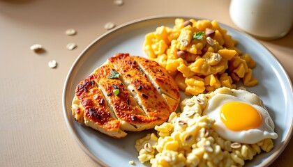 Delicious crisp baked chicken with pasta and egg home kitchen food photography cozy atmosphere top-down view culinary delight