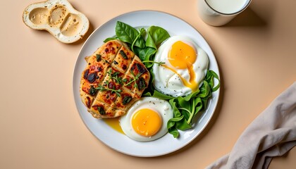 Tasty crispy herb-baked chicken with poached eggs and spinach home kitchen food photography natural light culinary delight
